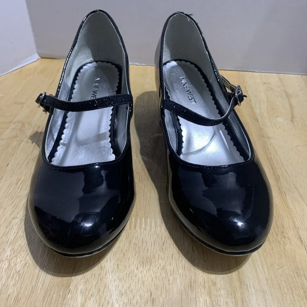 Nine West Heels Dreas Shoes Girls Sz 5M Black Patten Mary Jane Sparkle Glitter‎